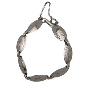 Vintage Bond Boyd Sterling Silver Etched Oval Panel Link Bracelet 7" Mid Century